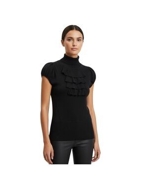 Y2K Rampage Black Ruffle Turtleneck Short Sleeve Sweater Top Juniors S Womens XS